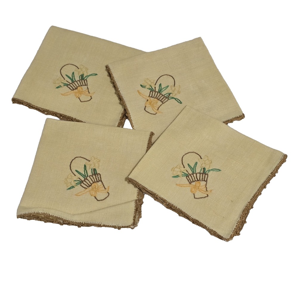 VTG Hand Embroidered Linen Napkins Set‎ of 4 Yellow Floral Basket Crochet Trim